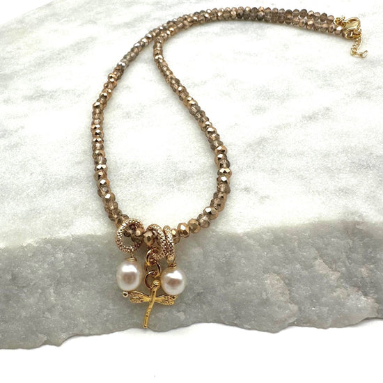 DRAGONFLY - PEARL - CRYSTAL - NECKLACE